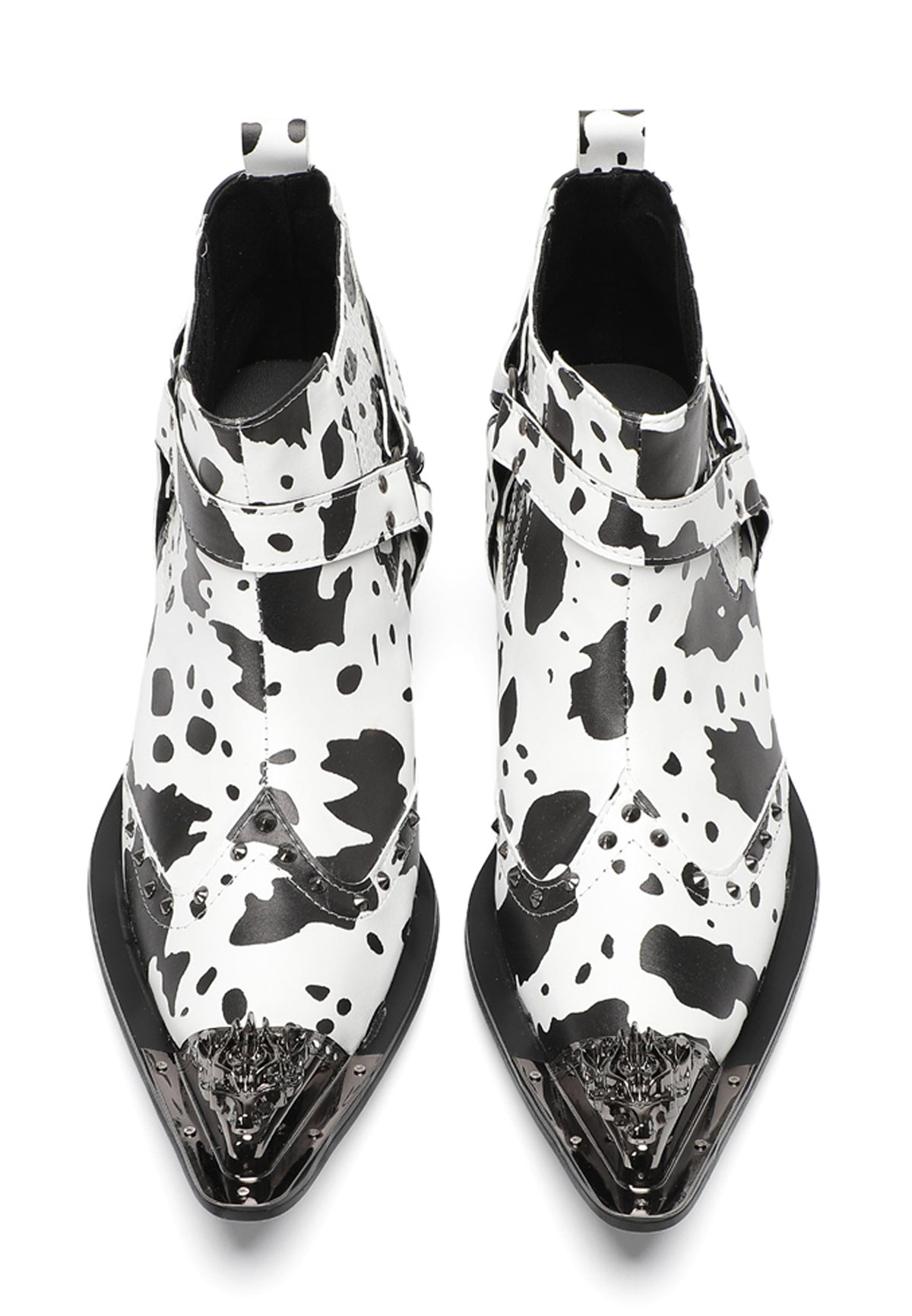 Mens Cow Print Harness Strap Chain Accent Ankles Western Chelsea Boots
