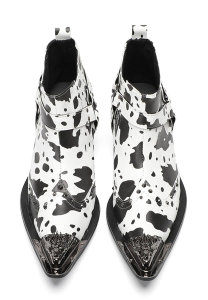 Mens Cow Print Harness Strap Chain Accent Ankles Western Chelsea Boots
