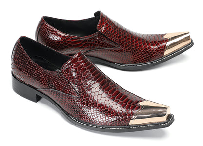 Mens Burgundy Snake-Print Patent Metal Toe-Cap Western Loafers