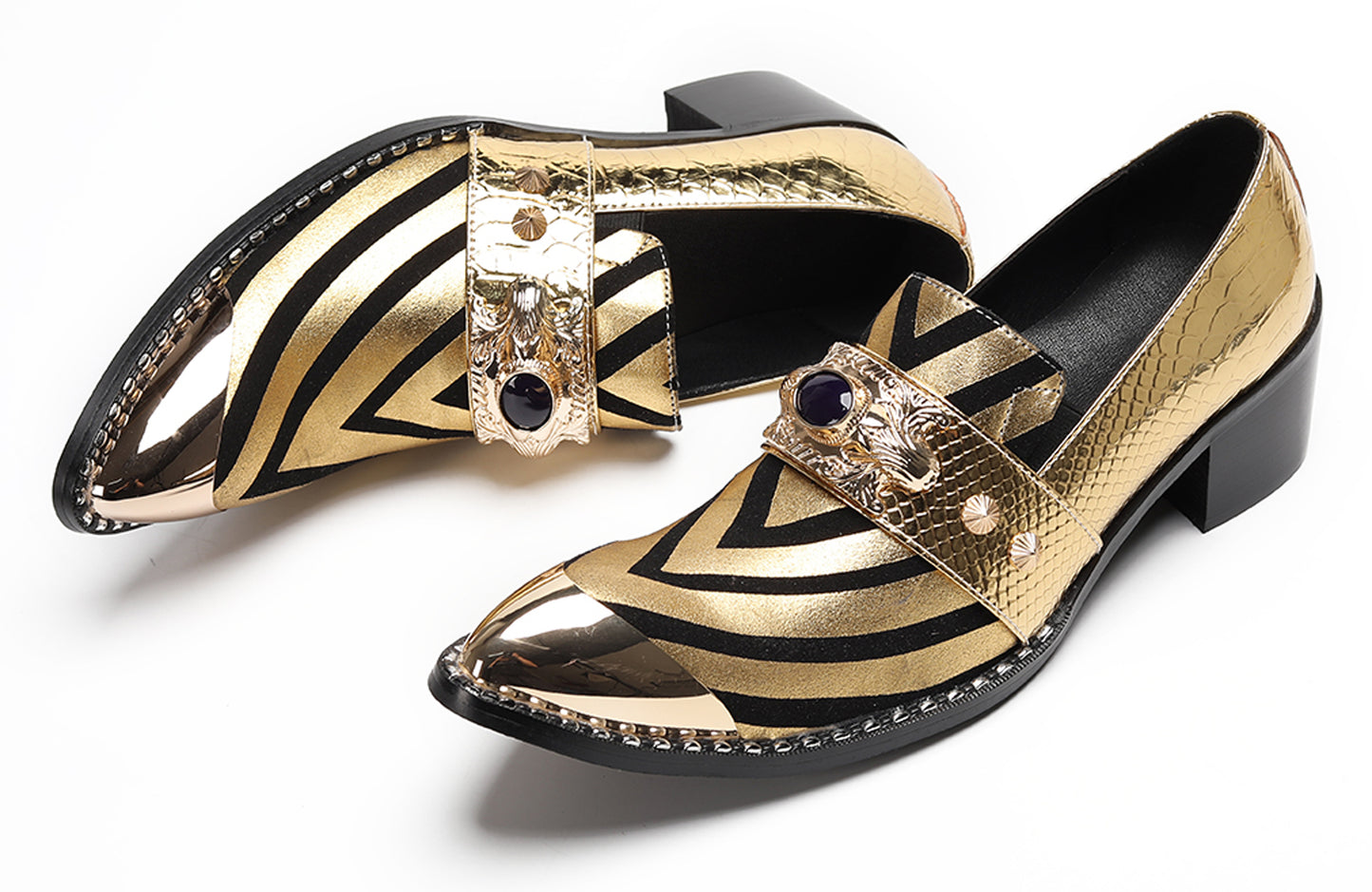 Mens Metal Tip Toe Black Gold Pattern Western Loafers