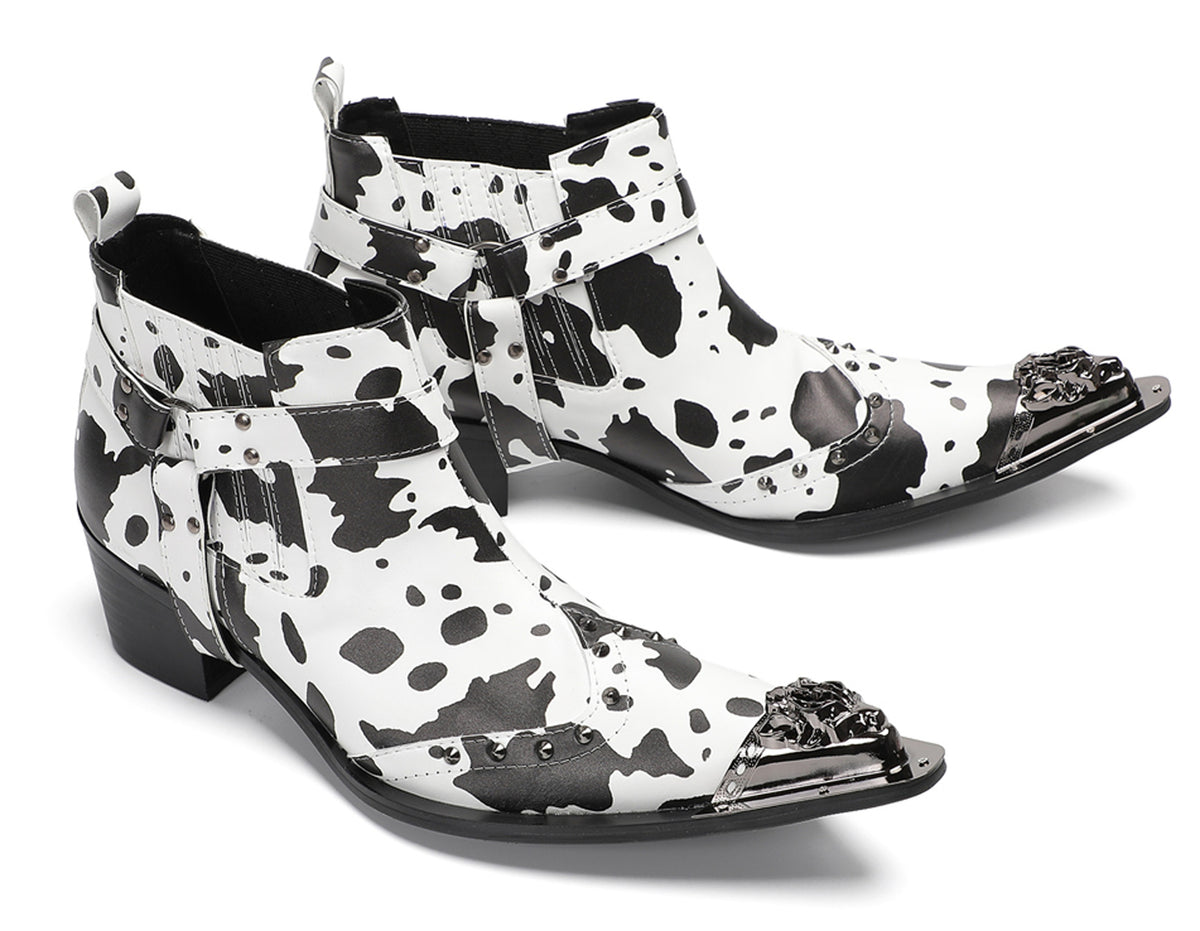 Mens Cow Print Harness Strap Chain Accent Ankles Western Chelsea Boots
