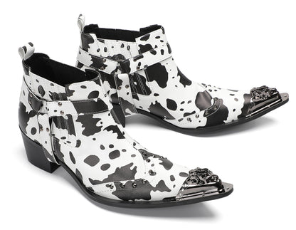 Mens Cow Print Harness Strap Chain Accent Ankles Western Chelsea Boots