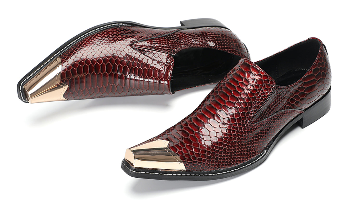 Mens Burgundy Snake-Print Patent Metal Toe-Cap Western Loafers