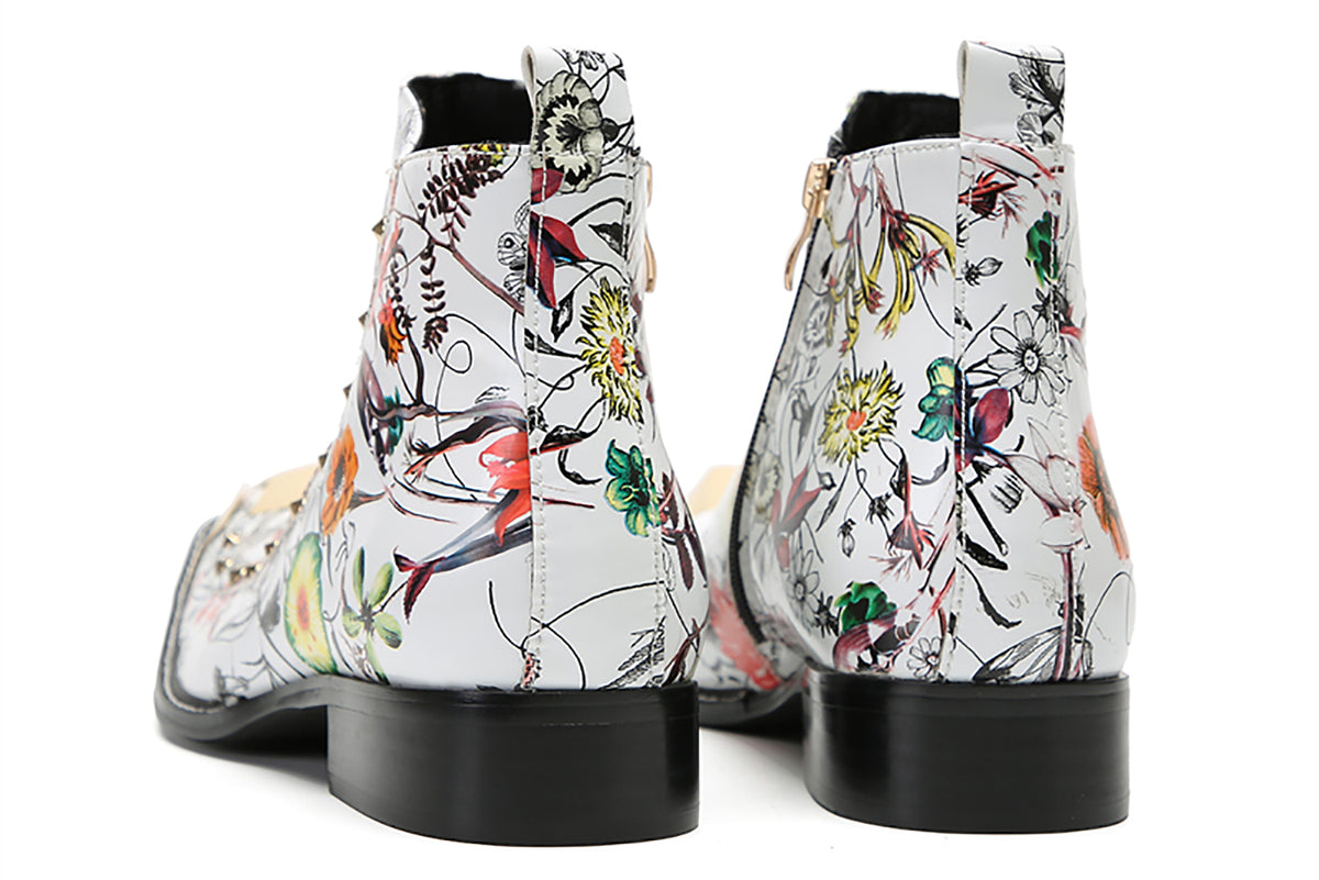 Mens Genunie Leather Metal Square Toe Flowers Graffiti Zipper Ankle Western Chelsea Boots