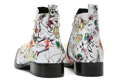 Mens Genunie Leather Metal Square Toe Flowers Graffiti Zipper Ankle Western Chelsea Boots