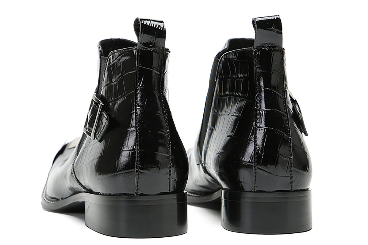 Mens Genunie Leather Black Dress Leather Metal Square Toe Ankle Western Chelsea Boots
