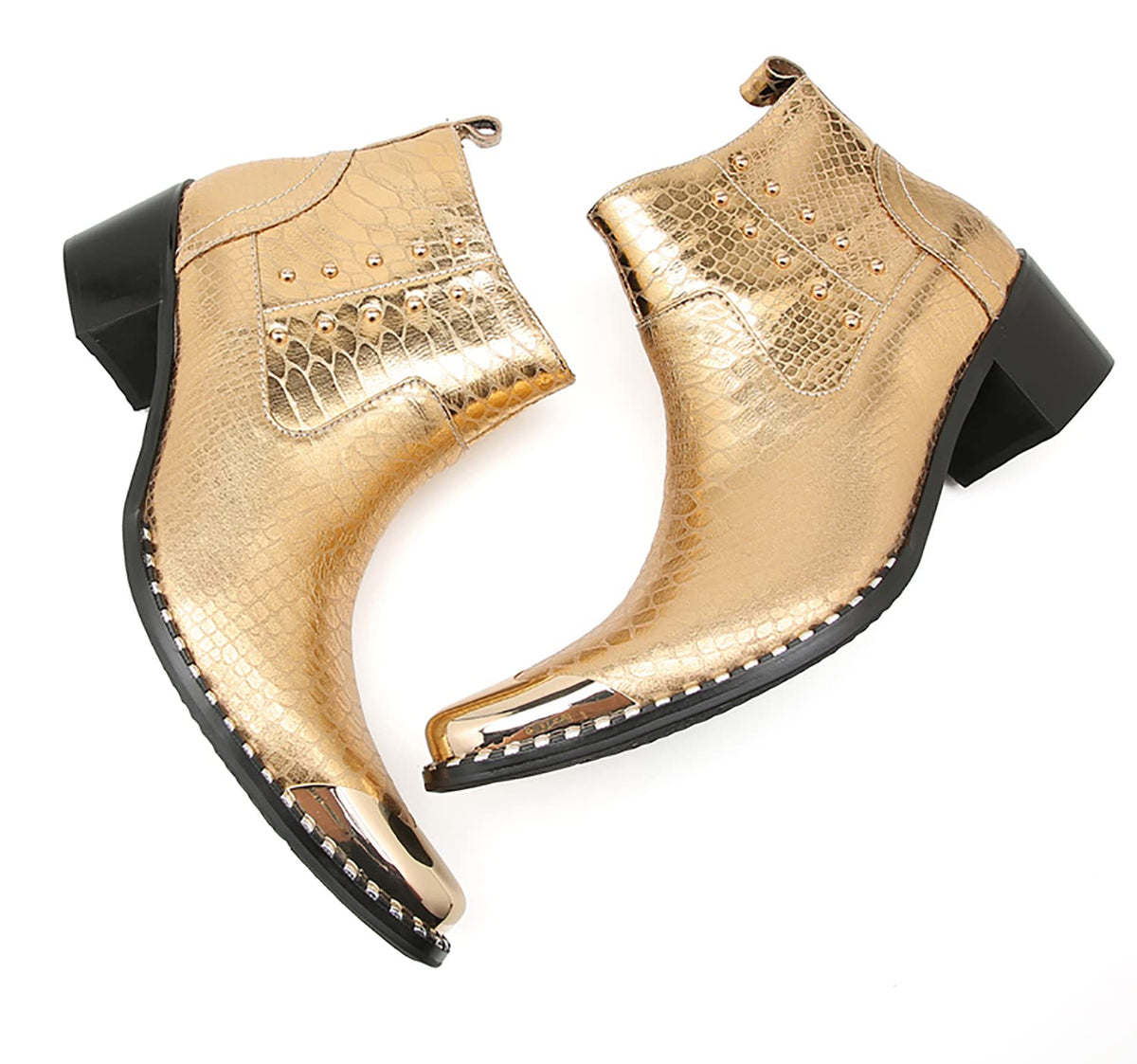 Mens Genuine Leather Beaded Zipper Metal Square Toe Ankle Western Boots
