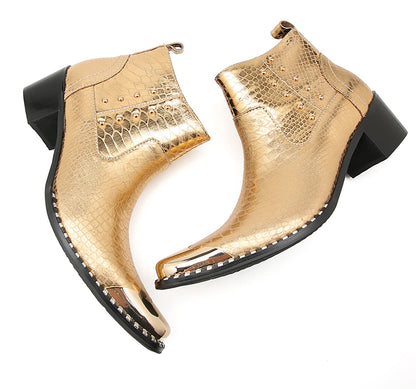 Mens Genuine Leather Beaded Zipper Metal Square Toe Ankle Western Boots