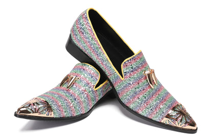 Mens Party Slip On Metal-Tip Toe Prom Glitter Western Loafers