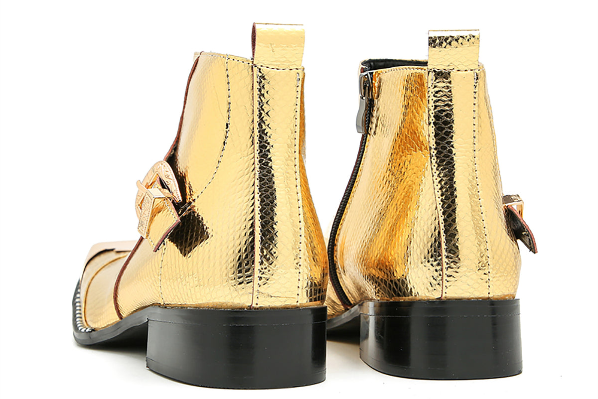 Mens Genuine Leather Gold Dress Metal Square Toe Ankle Western Boots