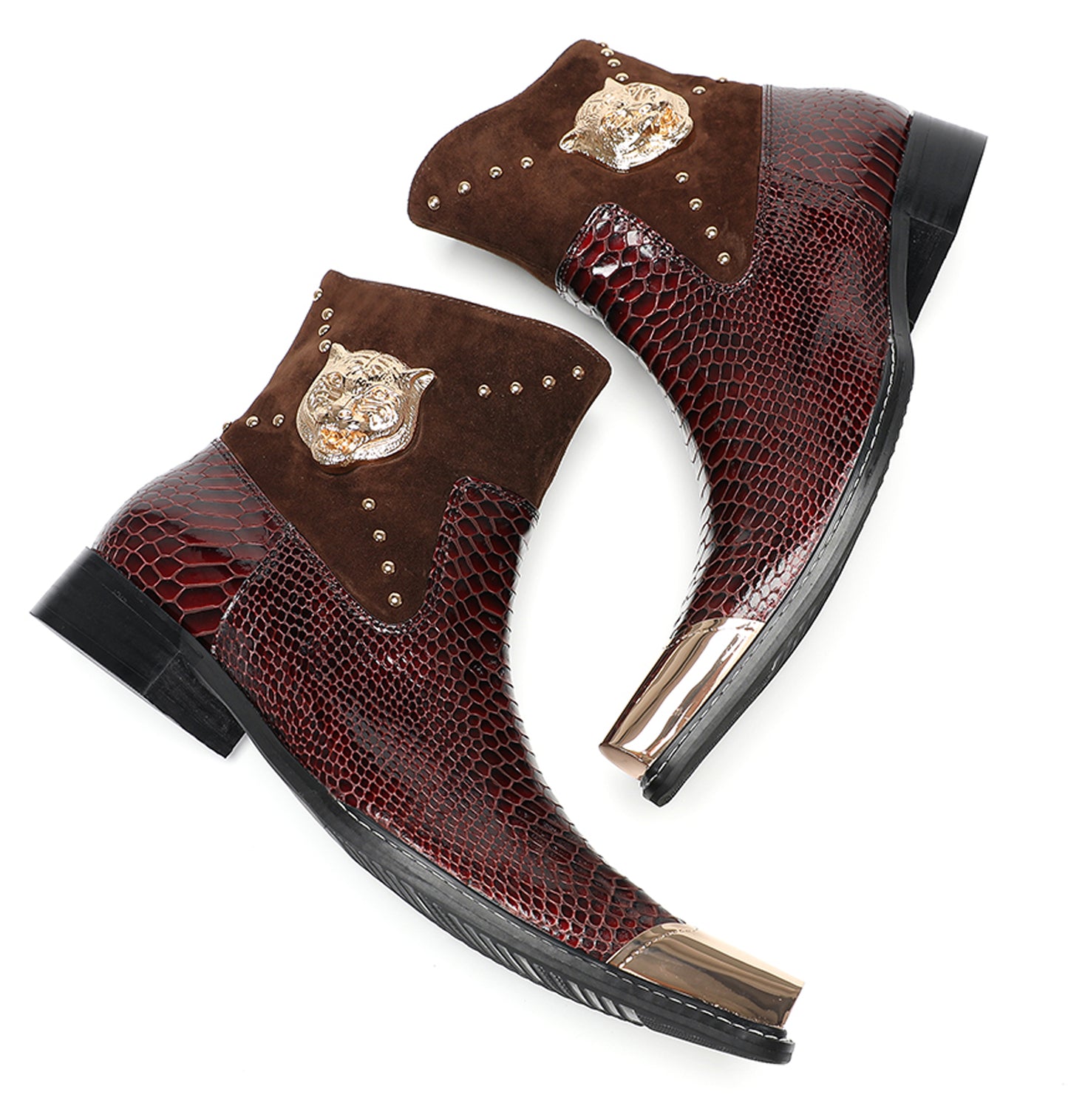 Mens Snakeskin Leather Studded Suede Western Boots