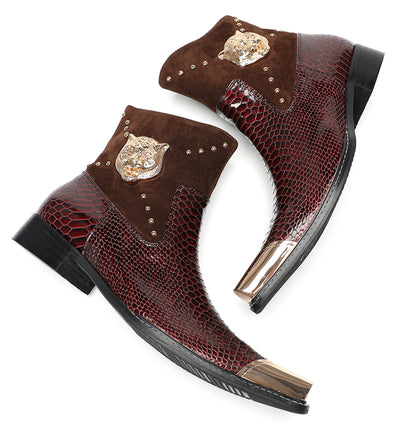 Mens Snakeskin Leather Studded Suede Western Boots