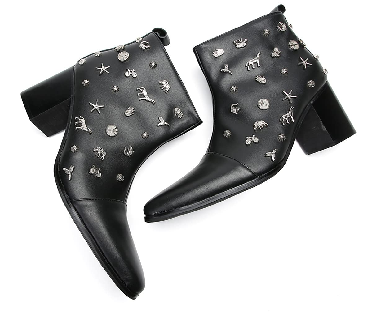 Mens Genunie Leather Mid Top Boots Wingtip Toe Full Samll Decor Hard Heel Ankle Boots