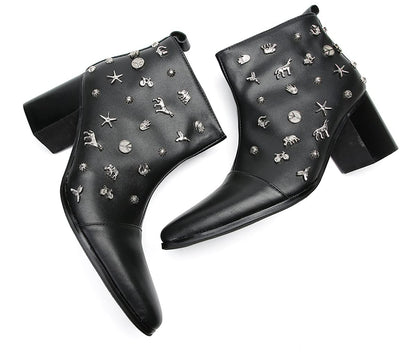 Mens Genunie Leather Mid Top Boots Wingtip Toe Full Samll Decor Hard Heel Ankle Boots
