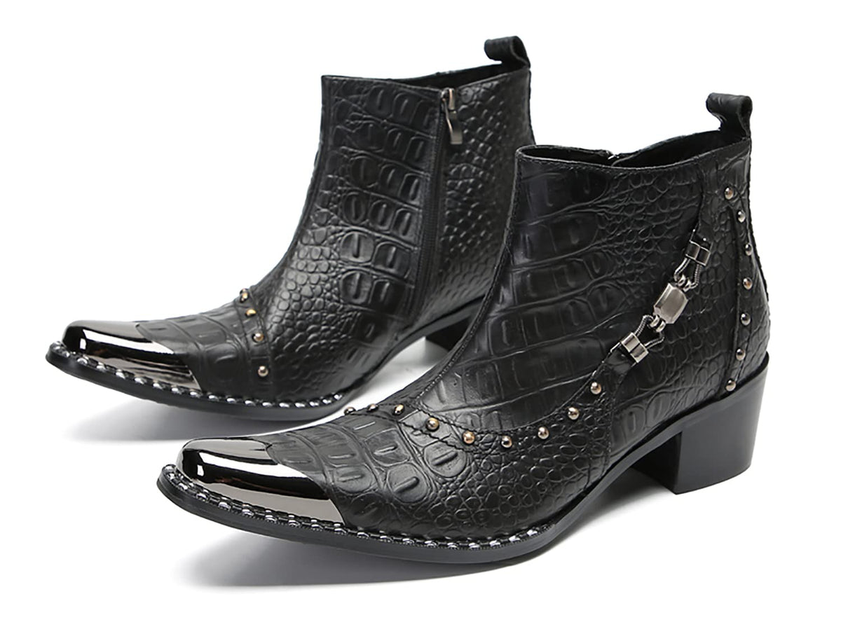 Mens Genunie Leather Zipper Chain Metal Square Toe Ankle Western Boots