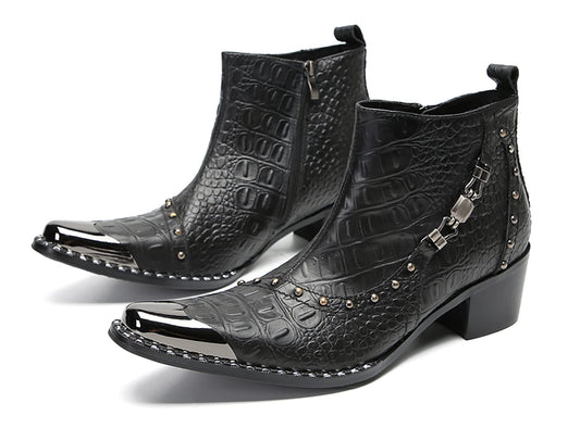Mens Genunie Leather Zipper Chain Metal Square Toe Ankle Western Boots