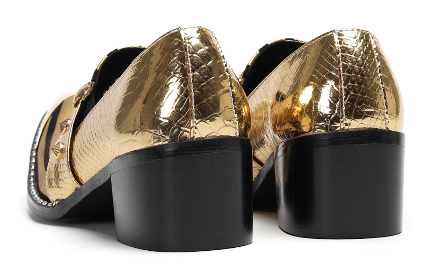 Mens Metal Tip Toe Black Gold Pattern Western Loafers