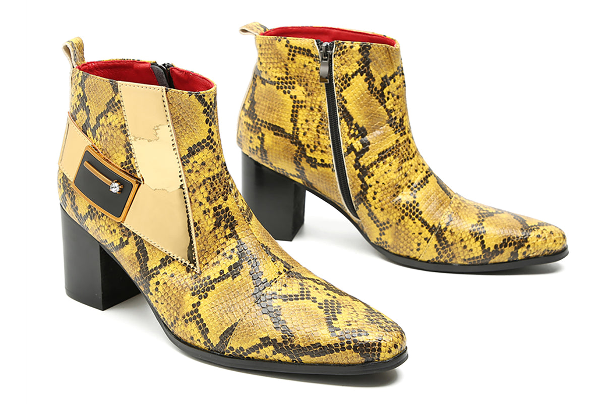 Mens Genuine Leather Casual Dress Snakeskin Texture Zipper Heel Ankle Boots
