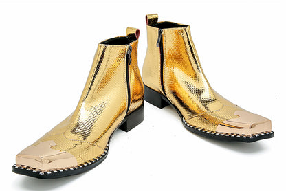 Mens Genuine Leather Gold Dress Metal Square Toe Ankle Western Boots
