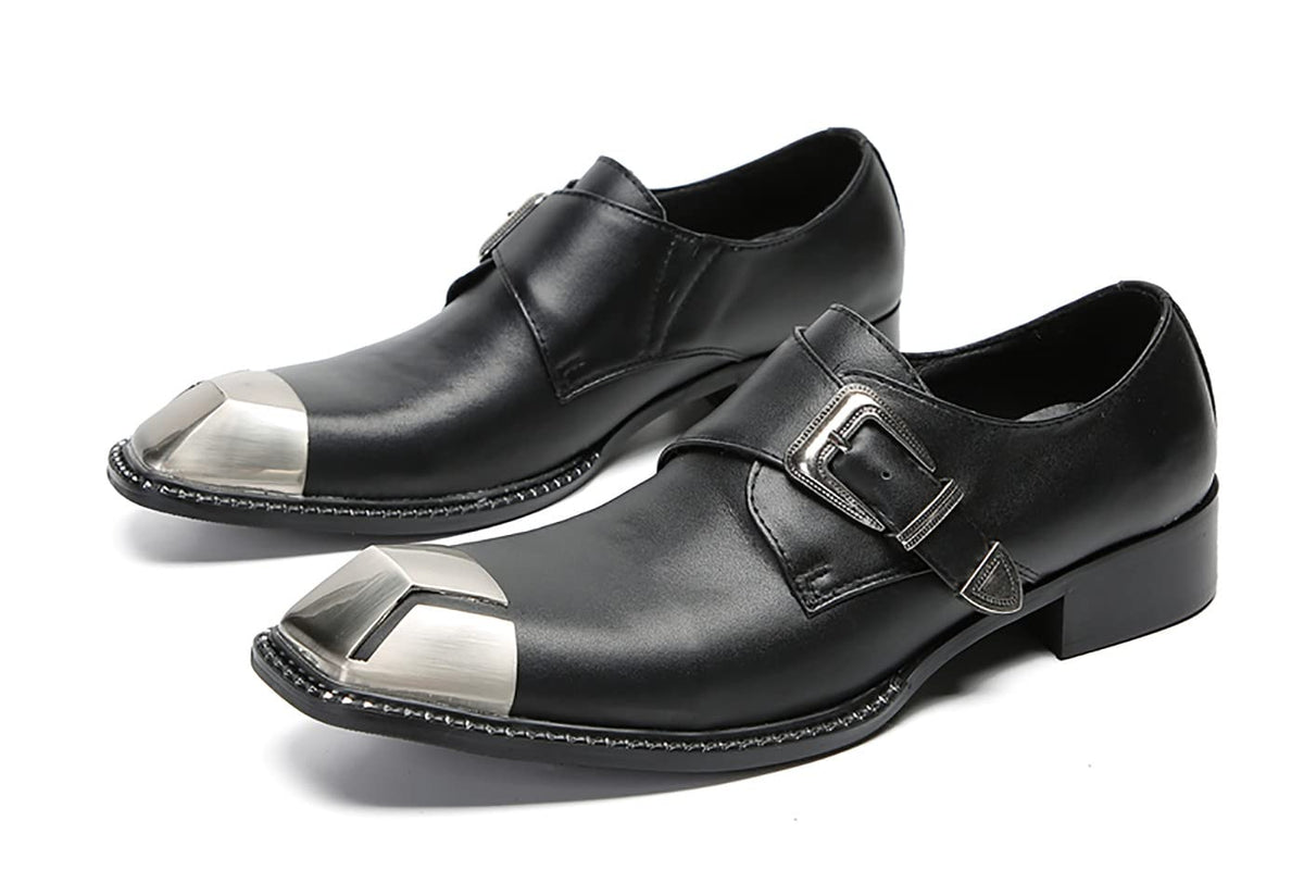 Mens Genunie Leather Buckle Metal Square Toe Western Loafers