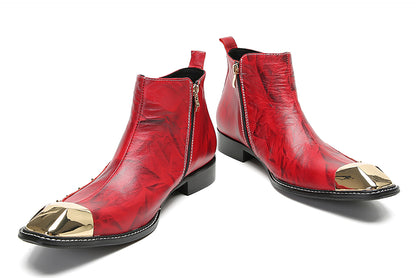 Mens Genunie Leather Red Dress Metal Square Toe Ankle Western Boots