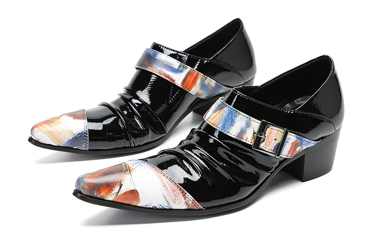 Mens Genunie Leather Casual Dress Slip On Buckle Two Tone Heel Loafers