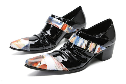 Mens Genunie Leather Casual Dress Slip On Buckle Two Tone Heel Loafers