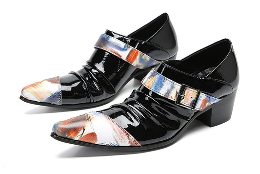 Mens Genunie Leather Casual Dress Slip On Buckle Two Tone Heel Loafers
