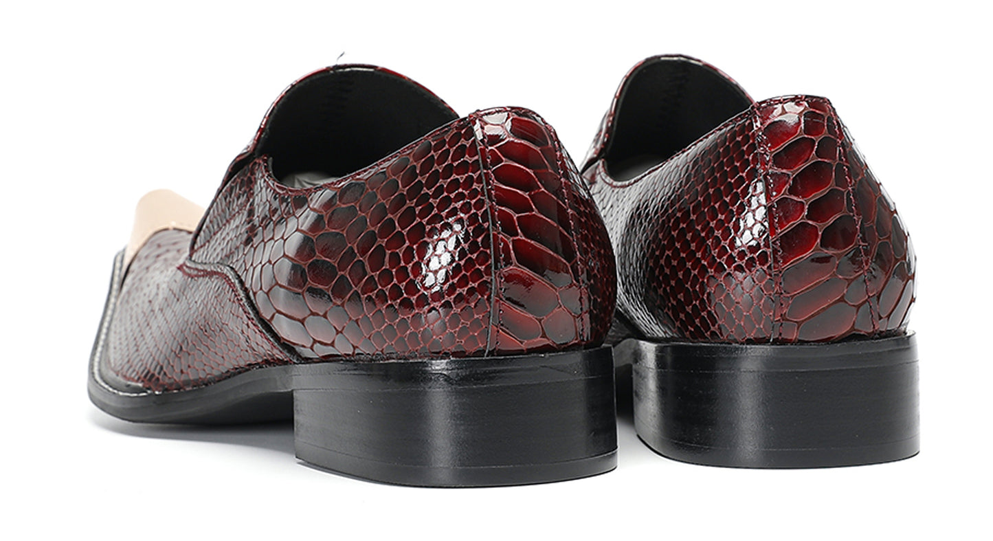 Mens Burgundy Snake-Print Patent Metal Toe-Cap Western Loafers