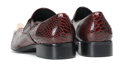 Mens Burgundy Snake-Print Patent Metal Toe-Cap Western Loafers