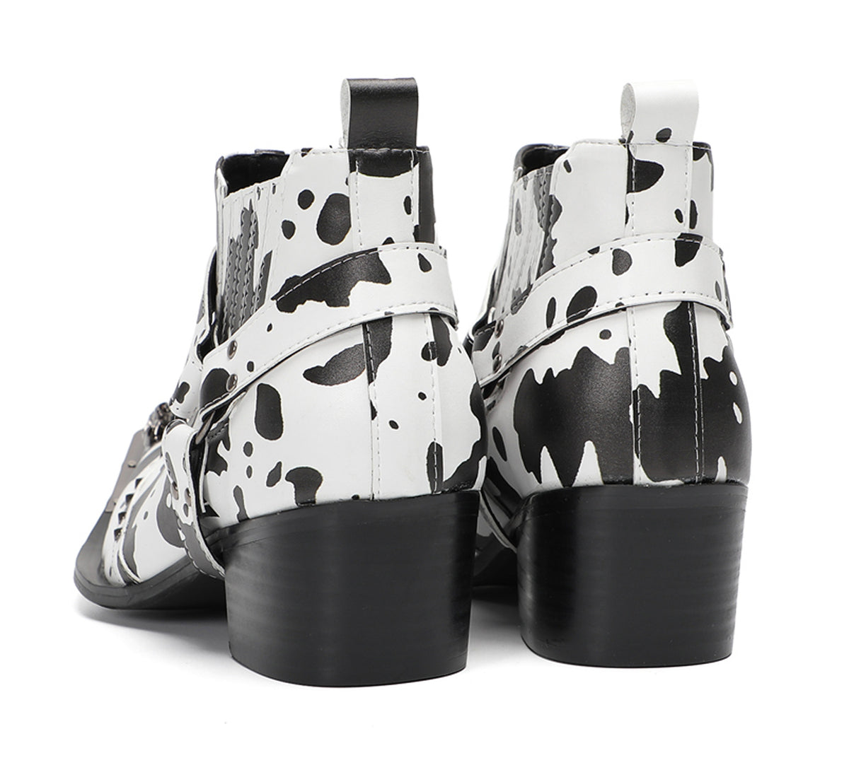 Mens Cow Print Harness Strap Chain Accent Ankles Western Chelsea Boots
