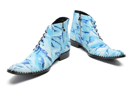 Mens Genuine Leather Casual Party Blue Dress Slanted Shoelaces Ankle Boots