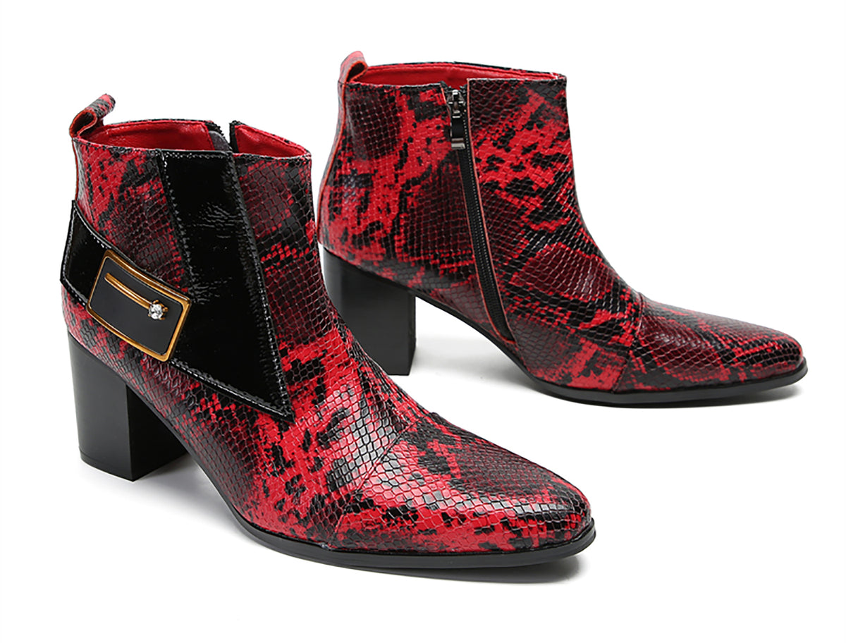 Mens Genuine Leather Casual Dress Snakeskin Texture Zipper Heel Ankle Boots