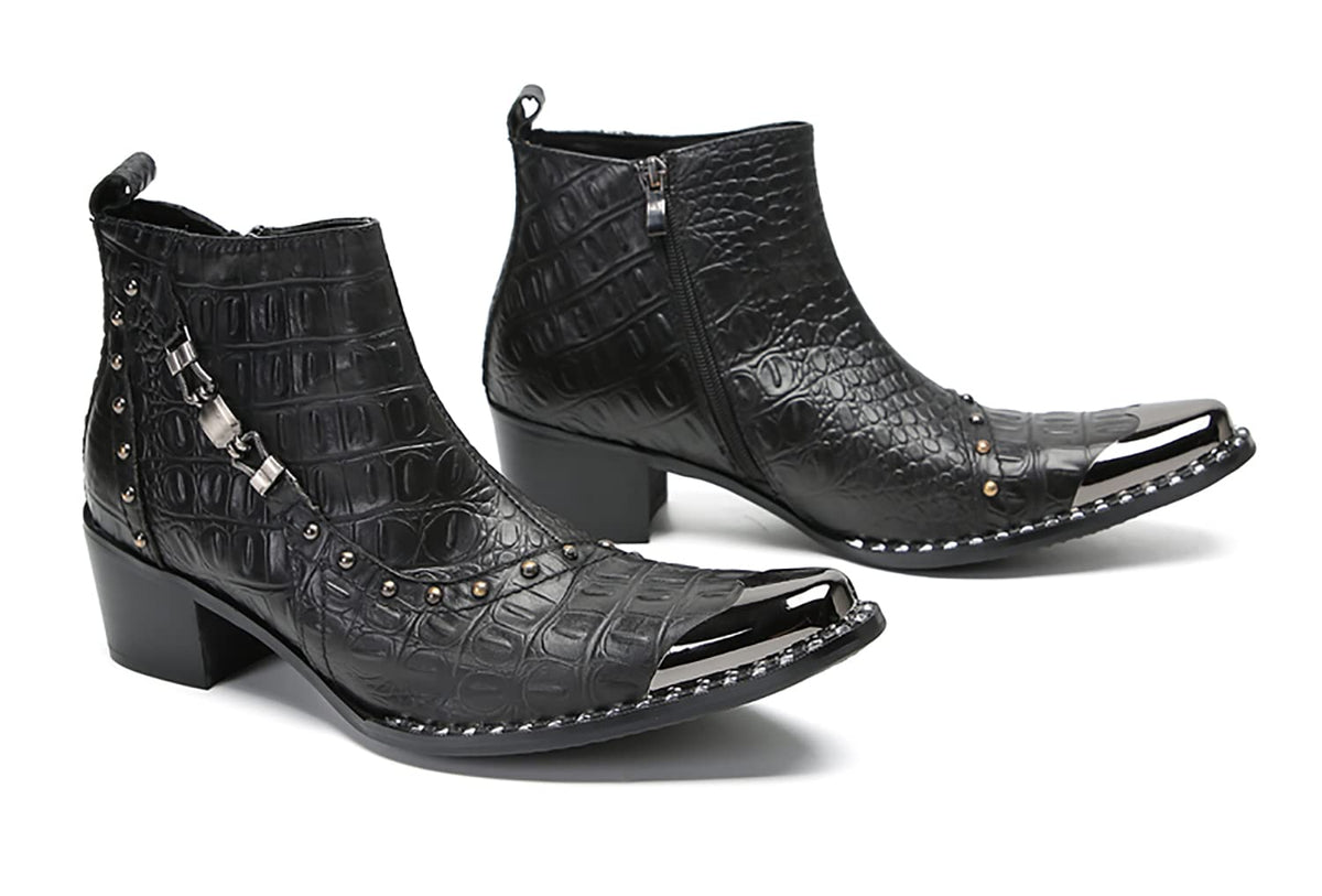 Mens Genunie Leather Zipper Chain Metal Square Toe Ankle Western Boots