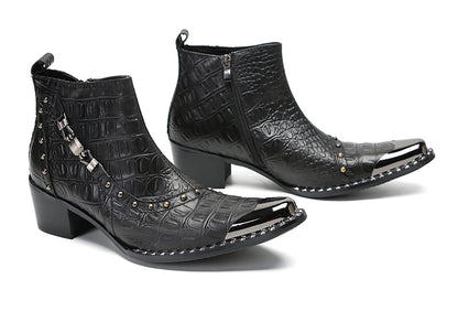 Mens Genunie Leather Zipper Chain Metal Square Toe Ankle Western Boots