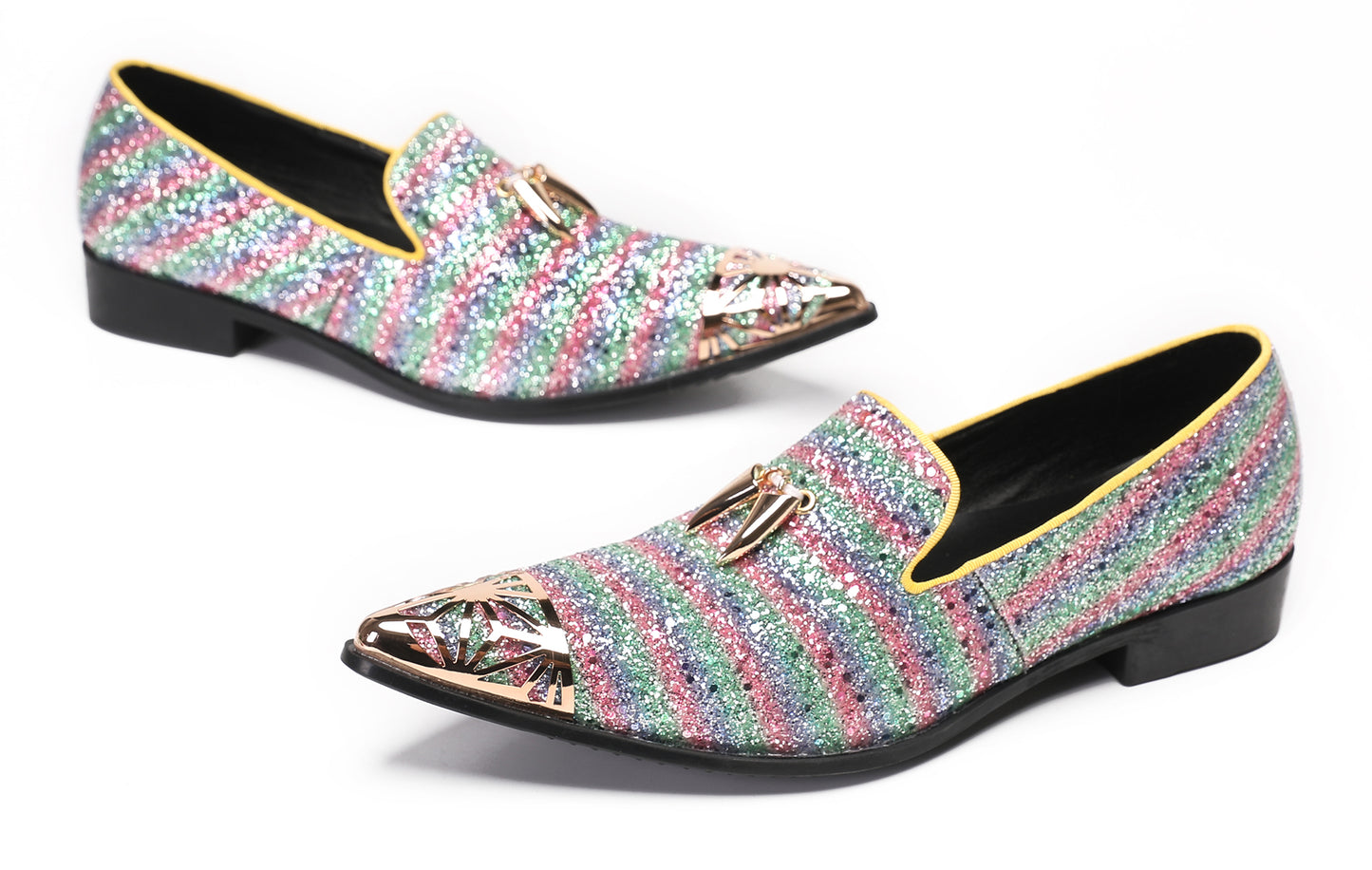 Mens Party Slip On Metal-Tip Toe Prom Glitter Western Loafers