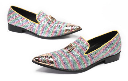 Mens Party Slip On Metal-Tip Toe Prom Glitter Western Loafers