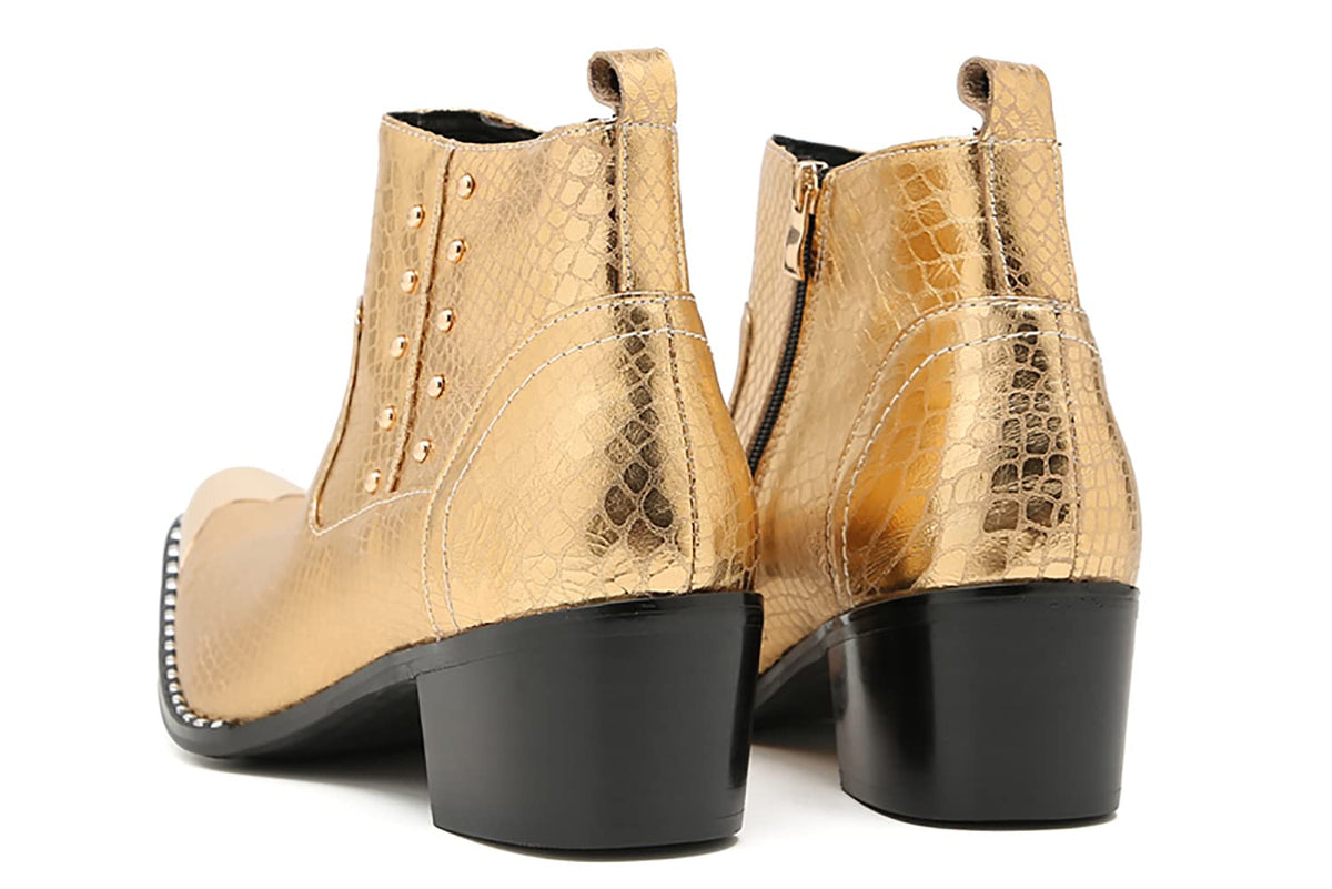 Mens Genuine Leather Beaded Zipper Metal Square Toe Ankle Western Boots