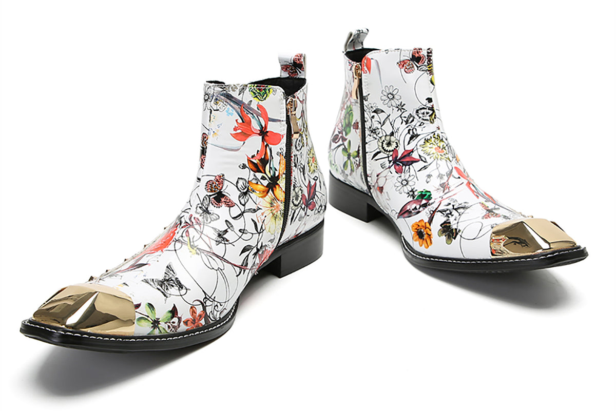 Mens Genunie Leather Metal Square Toe Flowers Graffiti Zipper Ankle Western Chelsea Boots