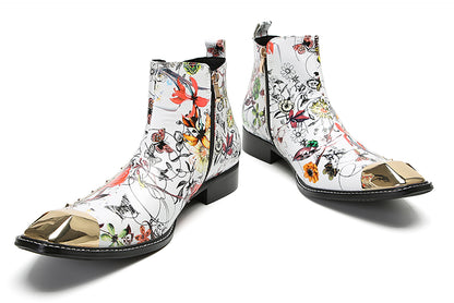 Mens Genunie Leather Metal Square Toe Flowers Graffiti Zipper Ankle Western Chelsea Boots