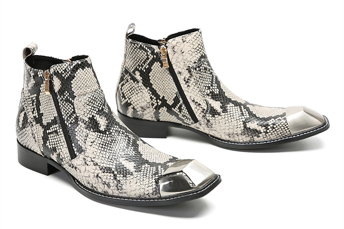 Mens Genunie Leather Metal Square Toe Double Zip Ankle Western Boots