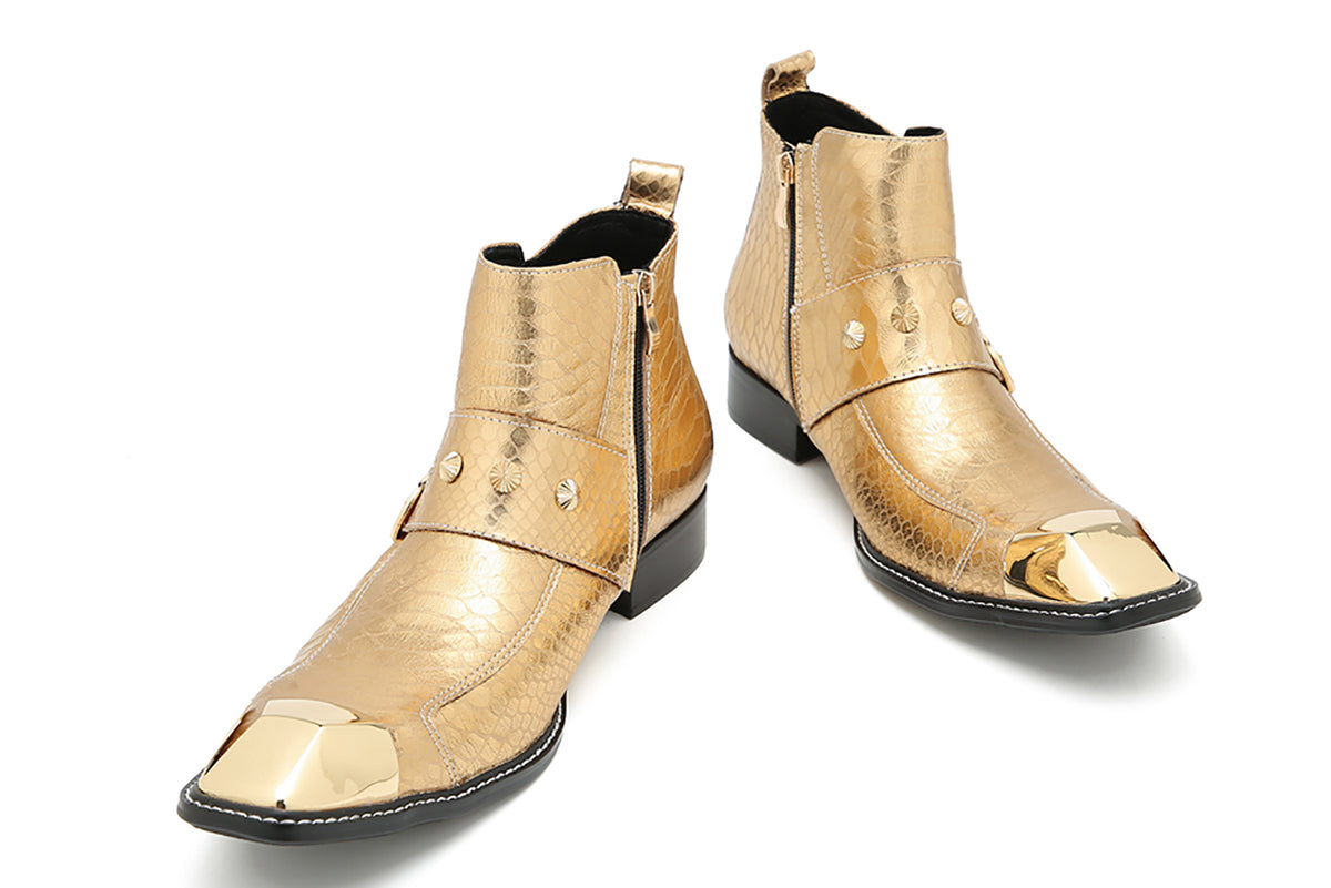 Mens Genunie Leather Metal Square Toe Buckles Zipper Ankle Western Boots