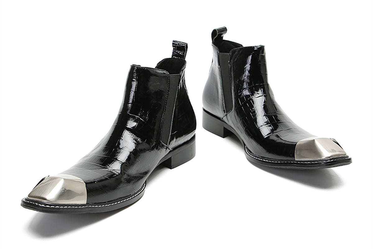 Mens Genunie Leather Black Dress Leather Metal Square Toe Ankle Western Chelsea Boots