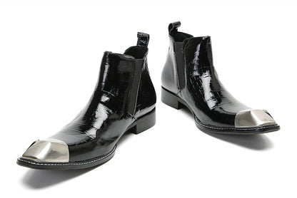 Mens Genunie Leather Black Dress Leather Metal Square Toe Ankle Western Chelsea Boots