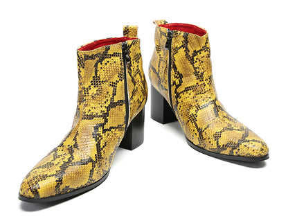 Mens Genuine Leather Casual Dress Snakeskin Texture Zipper Heel Ankle Boots