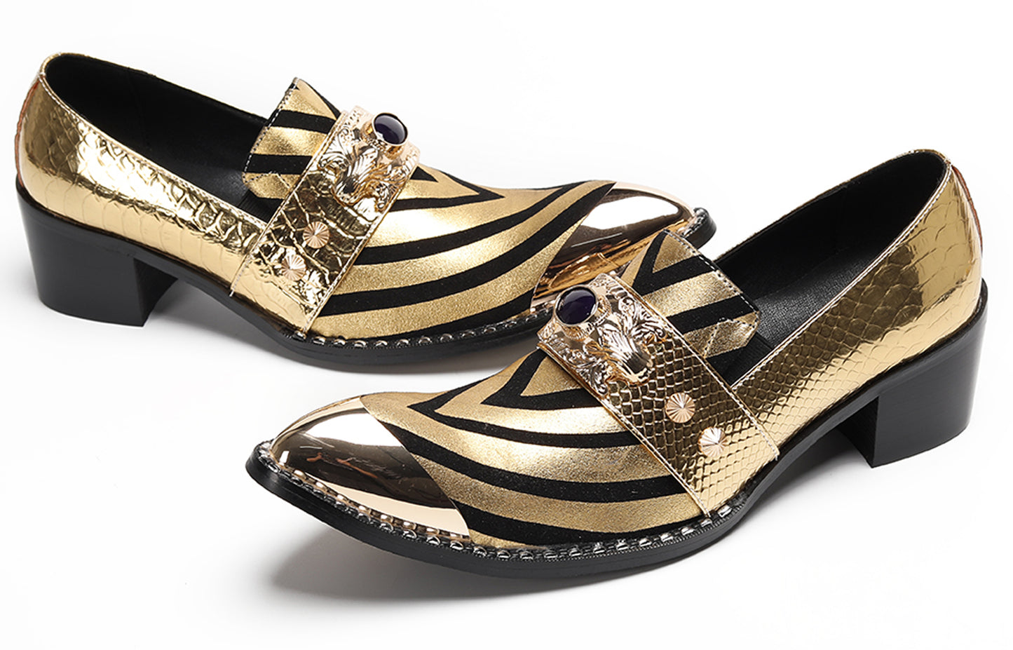 Mens Metal Tip Toe Black Gold Pattern Western Loafers