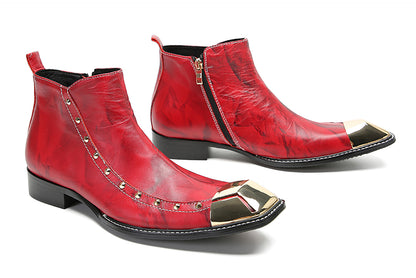 Mens Genunie Leather Red Dress Metal Square Toe Ankle Western Boots