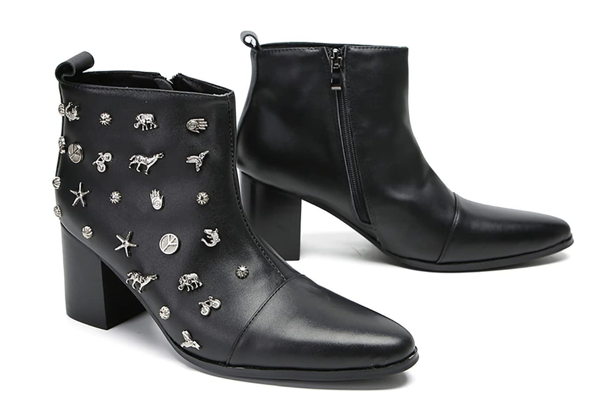 Mens Genunie Leather Mid Top Boots Wingtip Toe Full Samll Decor Hard Heel Ankle Boots