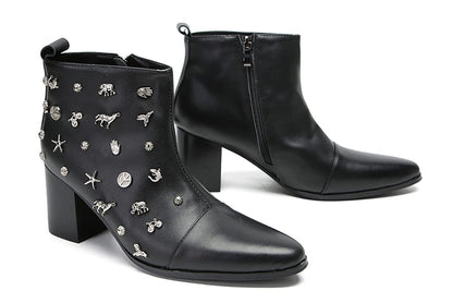 Mens Genunie Leather Mid Top Boots Wingtip Toe Full Samll Decor Hard Heel Ankle Boots