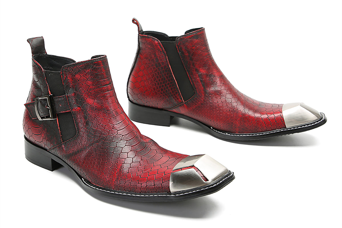 Mens Genunie Leather Metal Square Toe Silp On Buckles Western Chelsea Boots